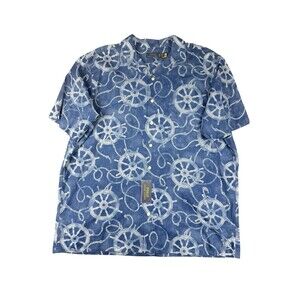 Polo Ralph Lauren Linen Blend Camp Shirt Men 2XLT Blue Overprinted Rope Wheel